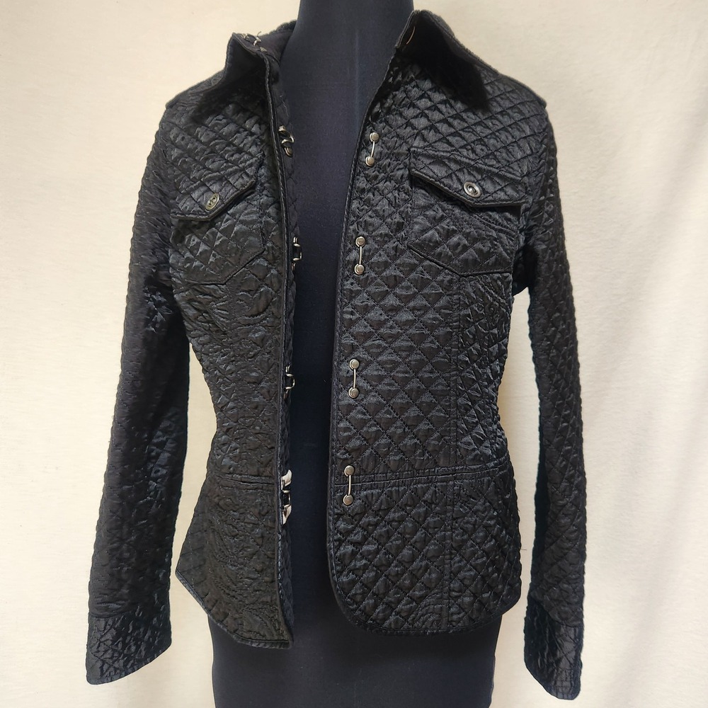NWOT i.e. Relaxed Petite Medium Elegant Edgy Black Satin Quilted‎ Bomber Jacket